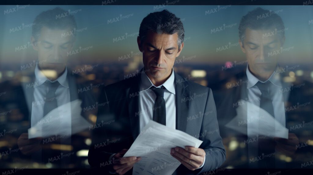 Disappointed CEO in Corporate Office – Serious and Worried Boss Examining Documents in City High-rise Building