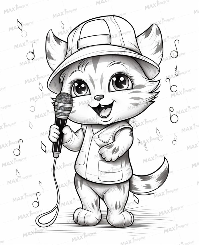 Cute Singer Cat Coloring Pages: Adorable Black and White Illustrations for Kids