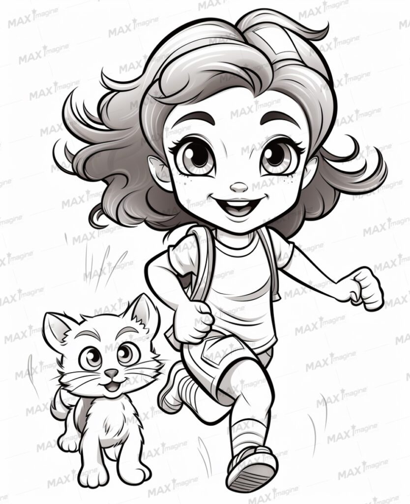 Adorable Cat Coloring Pages: Cute Baby Girl Cat Running with a Little Girl – Perfect for Kids Coloring Fun!