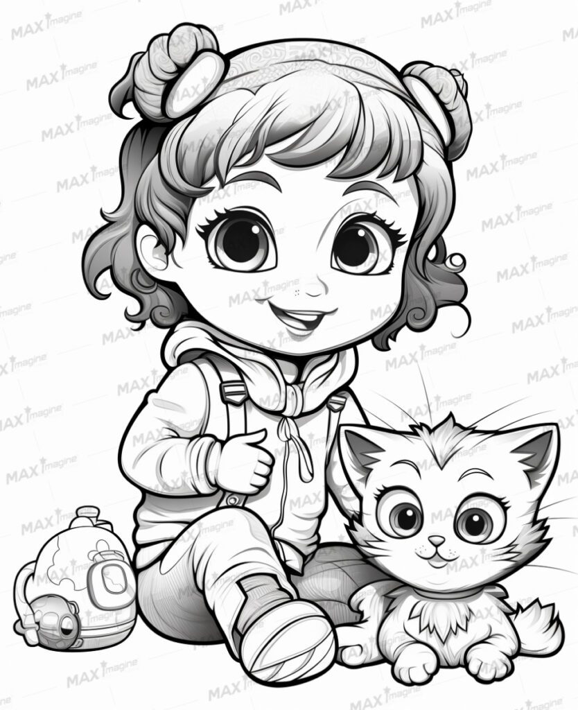 Cute Girl with Adorable Baby Kittens – Perfect Coloring Pages for Kids!