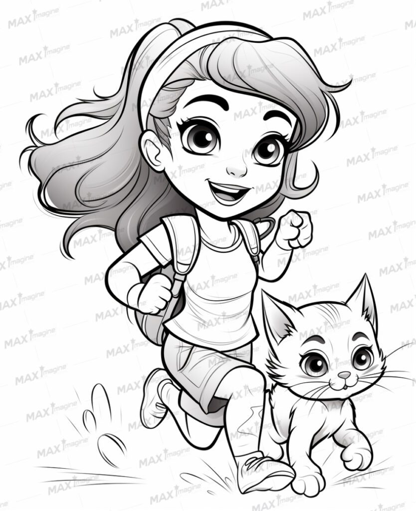 Adorable Cat Coloring Pages: Cute Baby Girl Cat Running with a Little Girl – Perfect for Kids Coloring Fun!