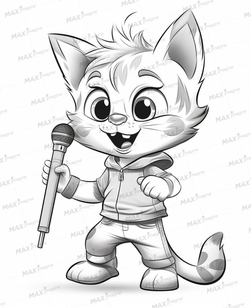 Cute Male Cat Singing with a Microphone, Black and White Illustration – Perfect for Coloring Fun