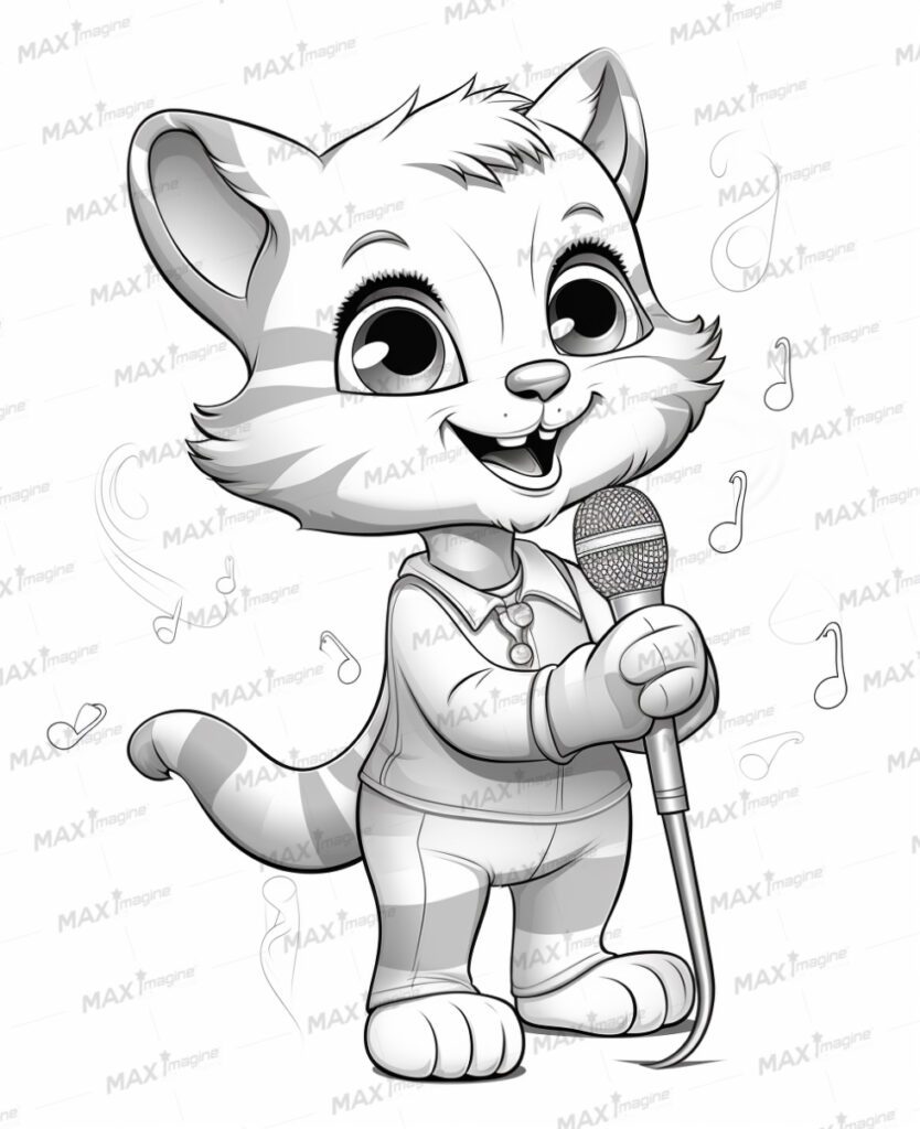 Cute Male Cat Singing with a Microphone, Black and White Illustration – Perfect for Coloring Fun