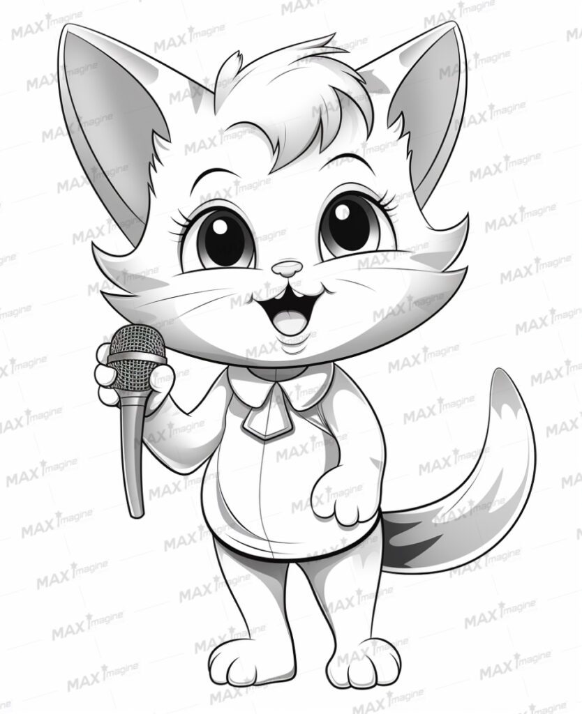 Cute Female Cat Singing with a Microphone, Black and White Illustration – Perfect for Coloring Fun