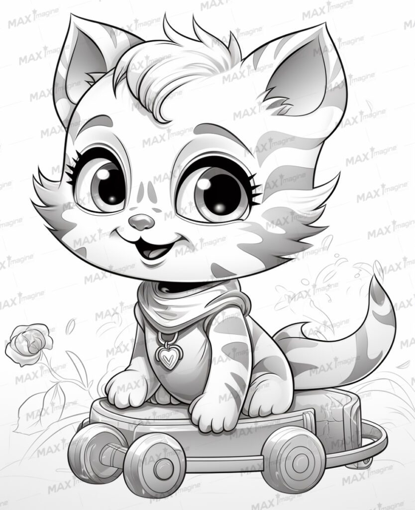 Cute Baby Female Cat, Black and White Cartoon – Perfect for Coloring Fun