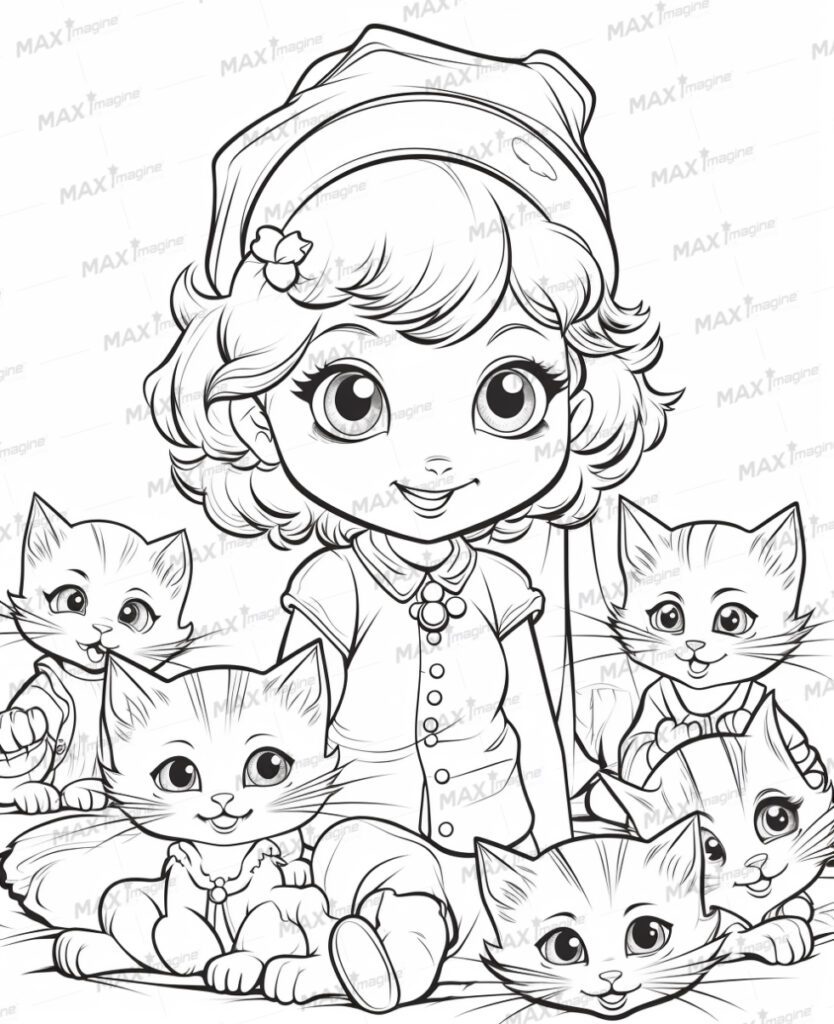 Cute Girl with Adorable Baby Kittens Coloring Pages – Perfect for Kids Coloring Fun!