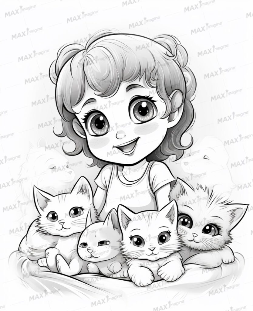 Cute Girl with Adorable Baby Kittens – Perfect Coloring Pages for Kids!