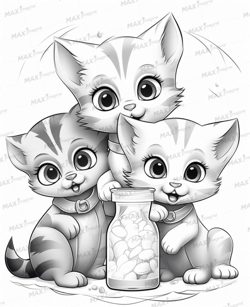 Cute Baby Cats Group – Black and White Cartoon Illustration for Coloring Fun