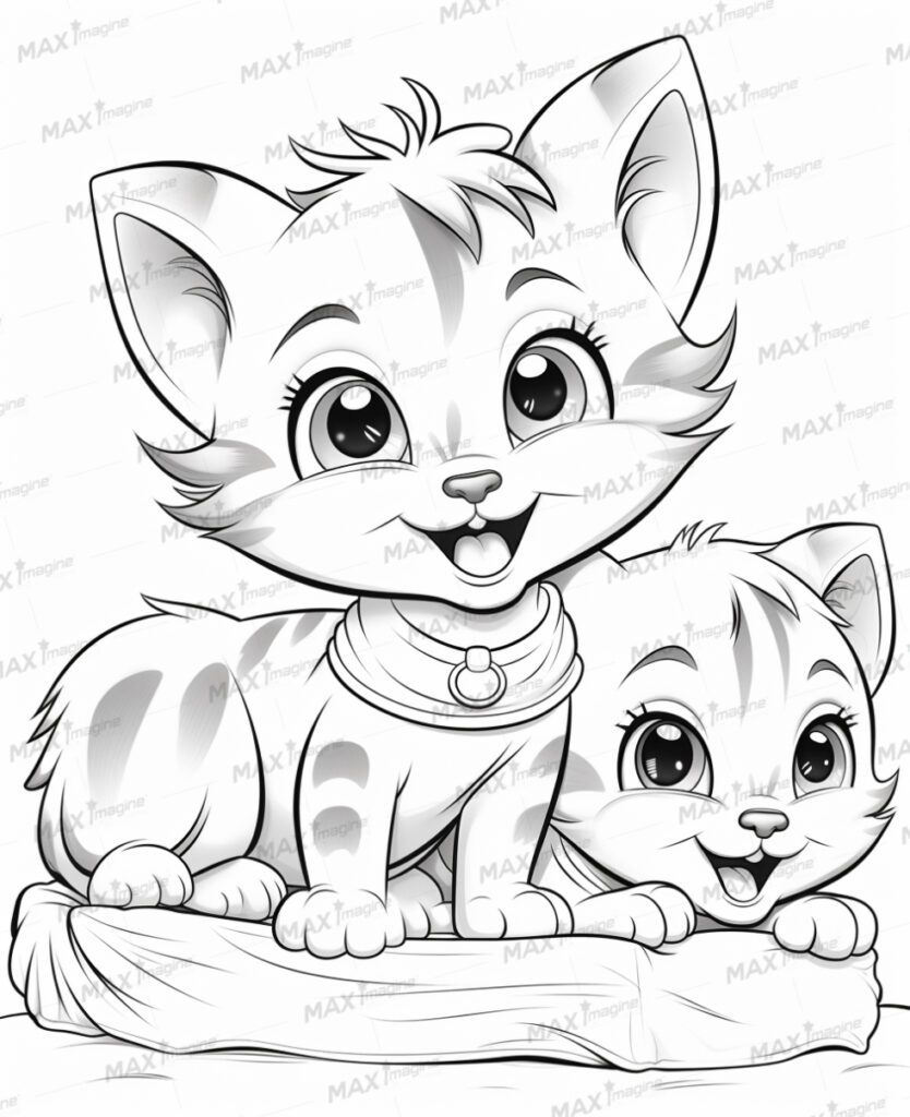 Happy Baby Cats Duo – Black and White Cartoon Illustration for Coloring Fun