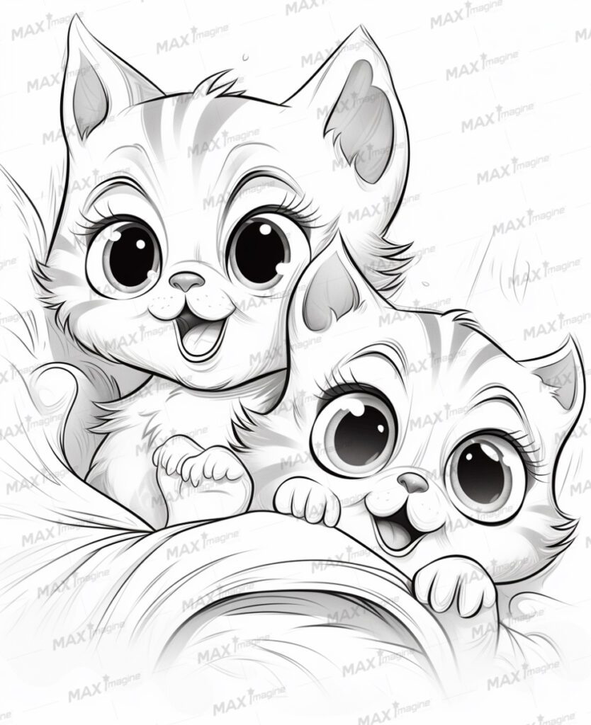 Happy Baby Cats Duo – Black and White Cartoon Illustration for Coloring Fun