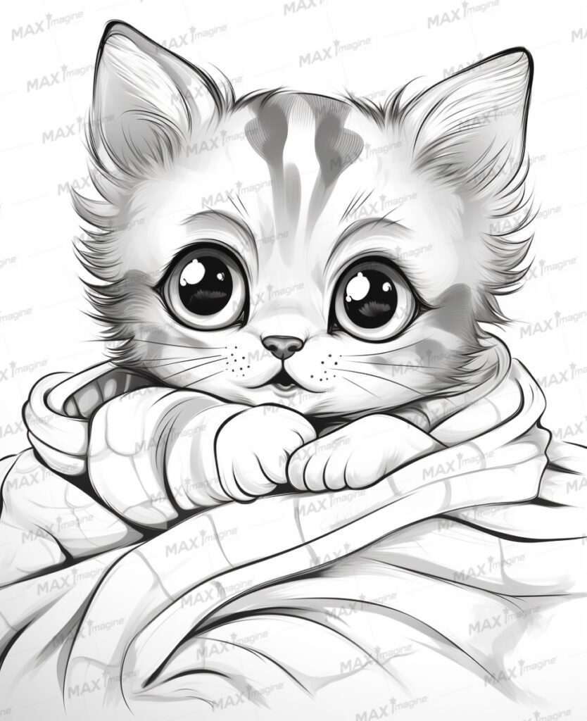 Happy Baby Cat – Black and White Cartoon Illustration for Coloring Fun