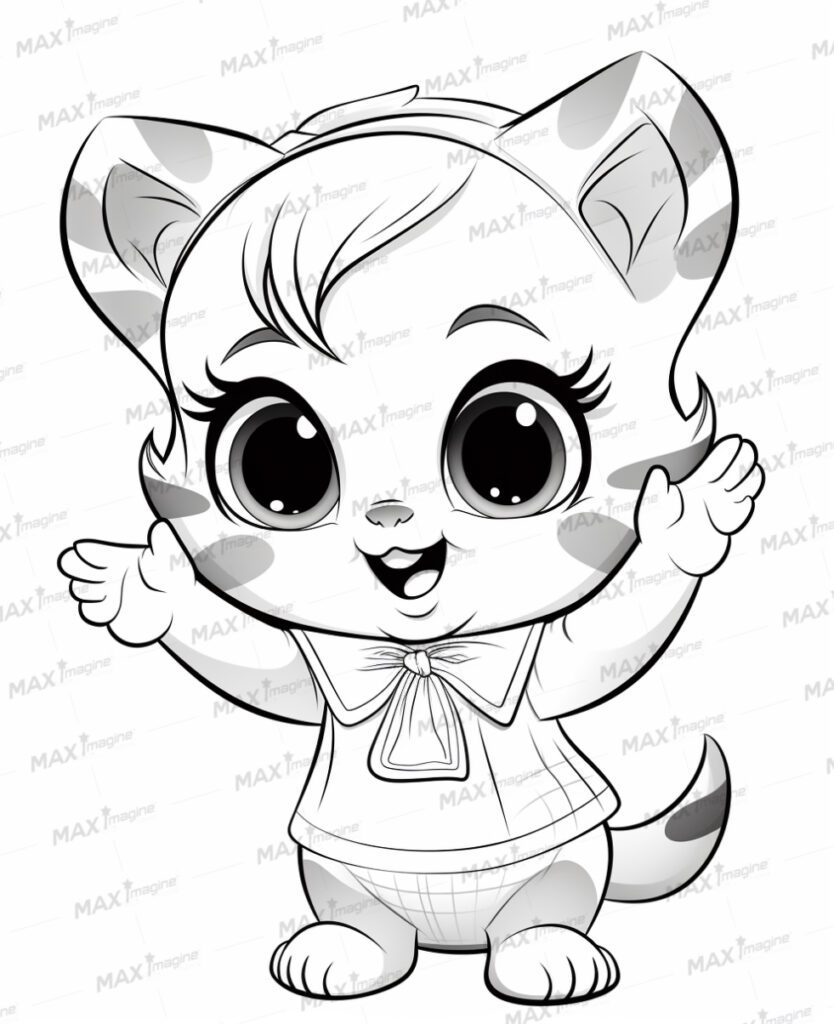 Happy Baby Cat – Black and White Cartoon Illustration for Coloring Fun