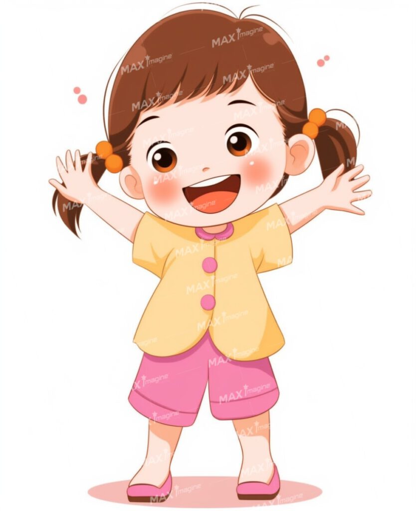 Cute Japanese Style Kindergarten Girl in Pink and Yellow Outfit, Expressing Happiness