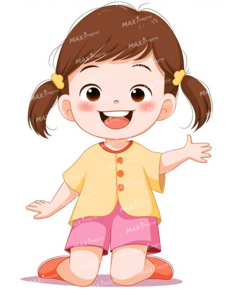 Cute Japanese Style Kindergarten Girl in Pink and Yellow Outfit, Expressing Happiness