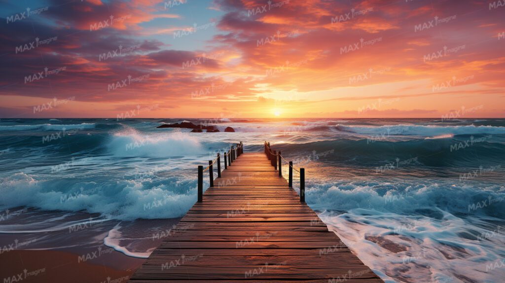 Tropical Sunset Beach with Dramatic Waves and Wooden Pier