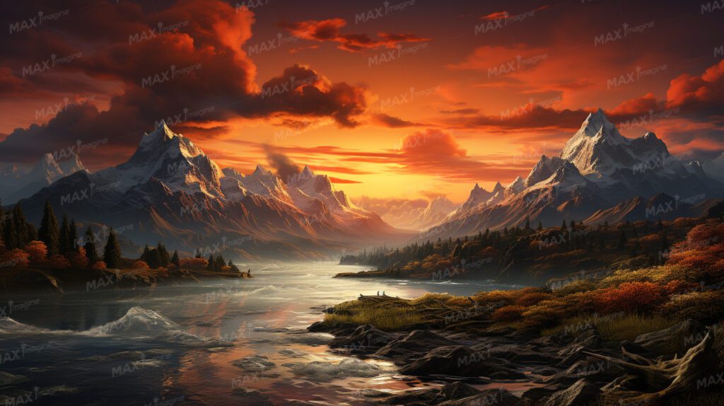Mountain Sunset with Red Sky and Flowing River