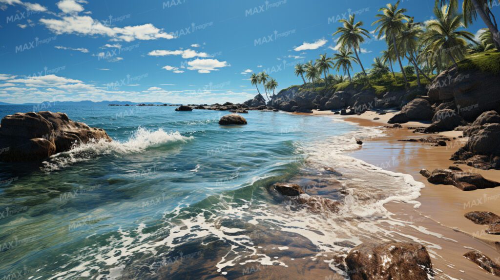 Tropical Beach with Crystal Clear Waters, Palm Trees, and Rocky Shoreline