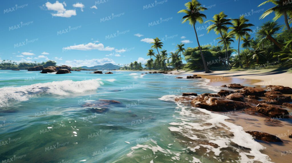 Tropical Paradise Beach with Crashing Waves and Palm Trees