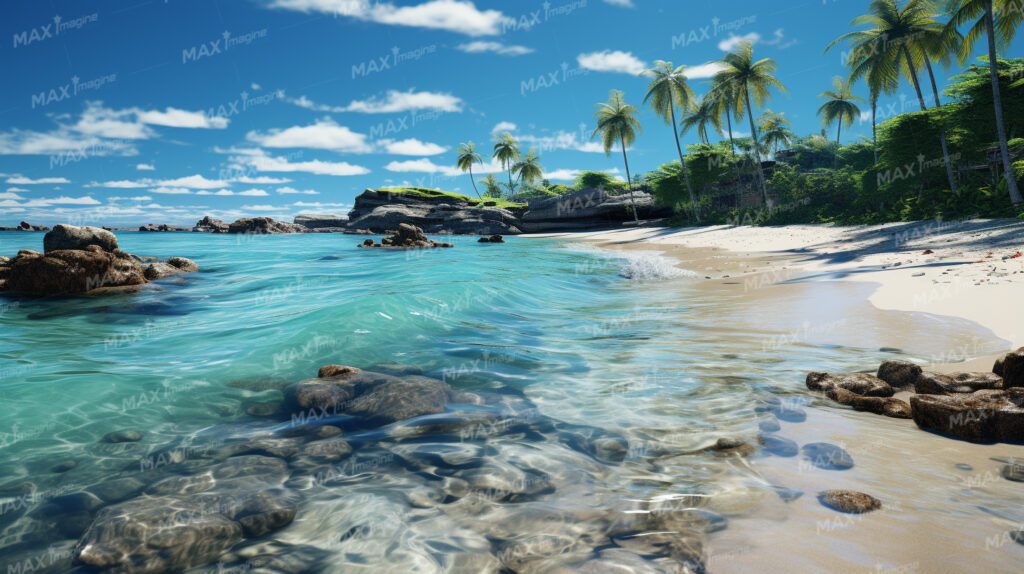 Tropical Paradise Beach with Crashing Waves and Palm Trees