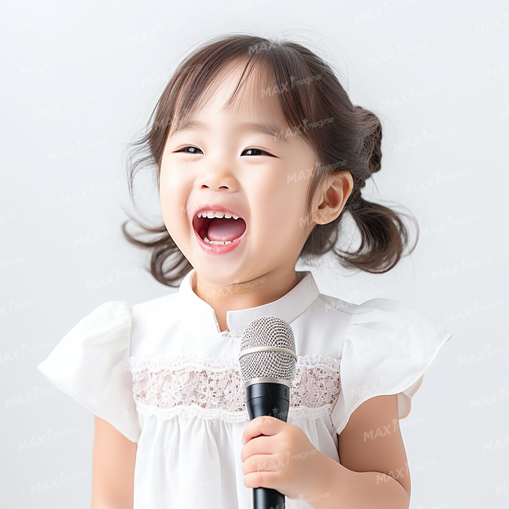 Happy Korean Kid Singing with Microphone – Studio Shot, Clean Background