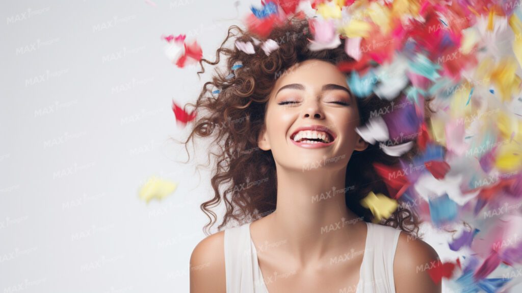 Happy European Woman Model with Colorful Swirls – Studio Portrait