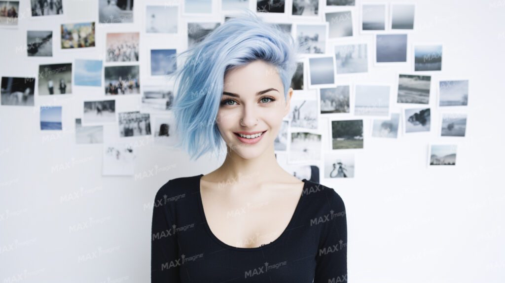 Stylish European Woman Model Smiling in Studio with Blue-Toned Hair
