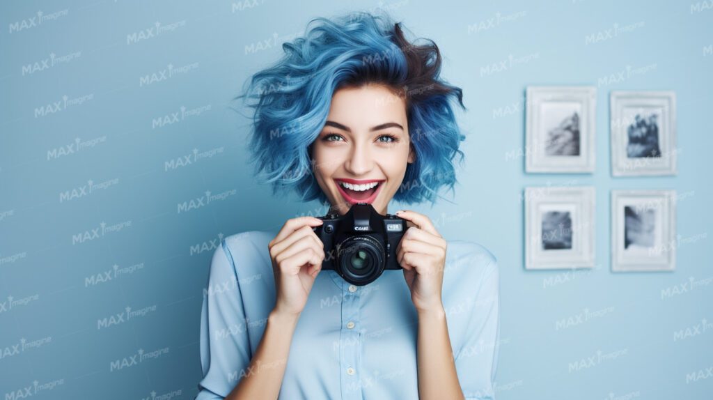 Elegant European Woman Photographer Laughing in Studio