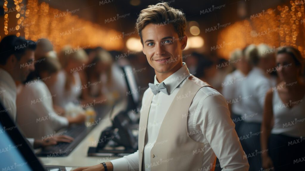Handsome Male Employee Smiling at Restaurant or Supermarket Counter