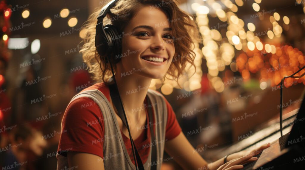 Happy DJ Woman Smiling and Working with Headphones in Restaurant or Supermarket