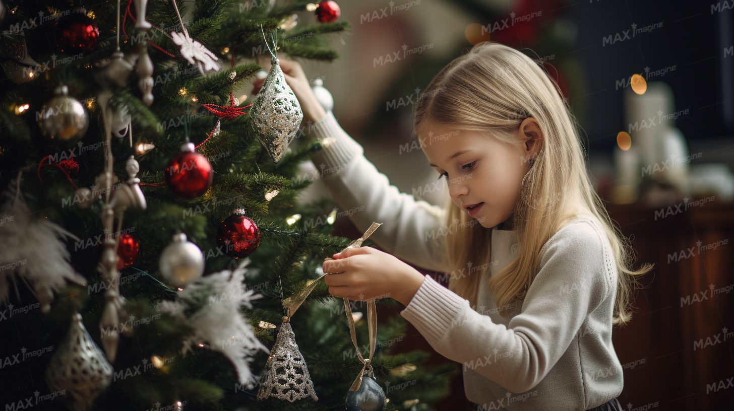 Happy blonde girl adorning Christmas tree with decorations in a cozy and festive living room, radiating joy and excitement for the holiday season.