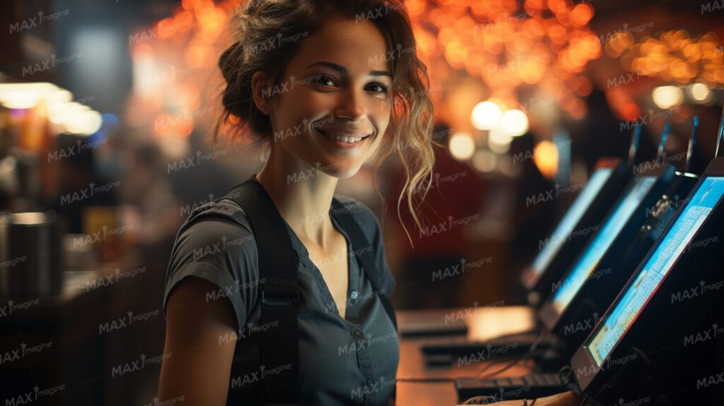 Smiling Woman at Counter in Restaurant or Supermarket