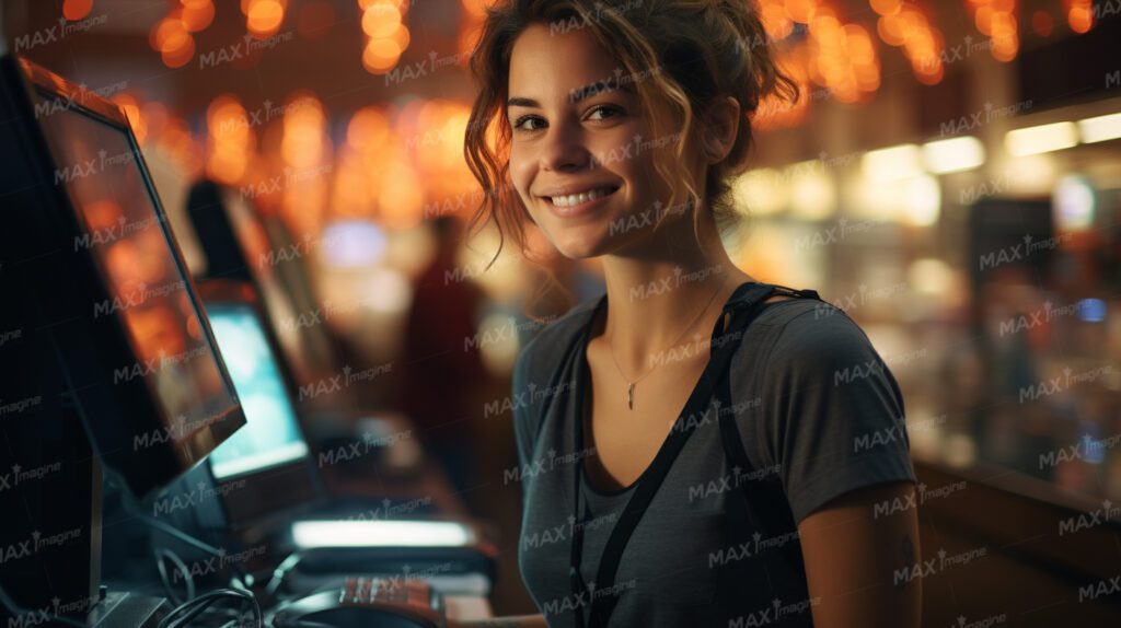 Smiling Woman at Counter in Restaurant or Supermarket