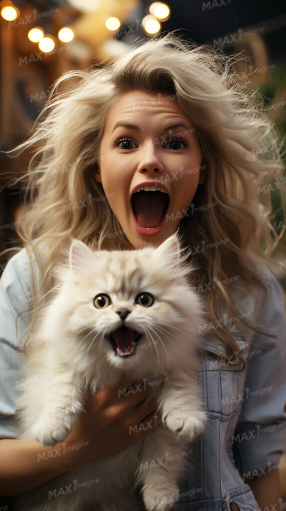 Comic Pose: Playful White Cat Matches Expressions with Blonde Woman