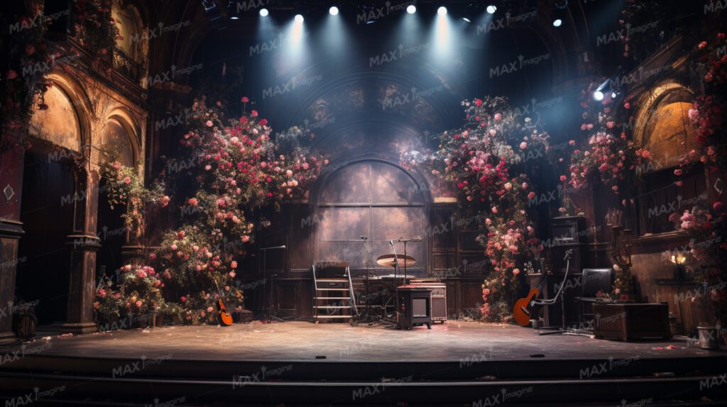 Antique and Classic Indoor Stage with Musical Instruments and Floral Interiors