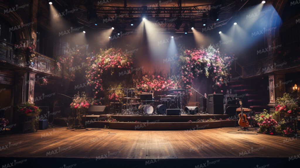 Antique and Classic Indoor Stage with Musical Instruments and Floral Interiors