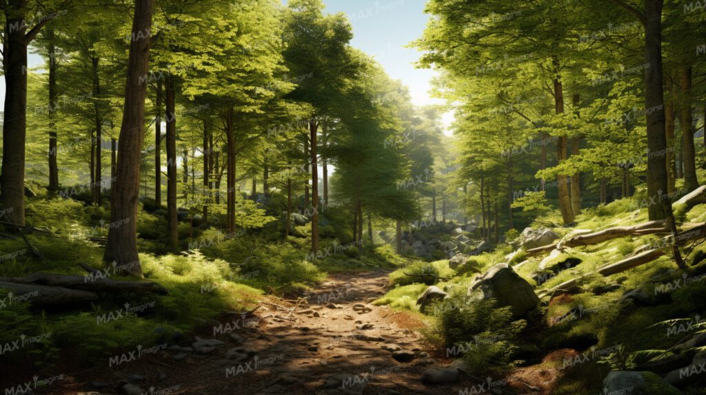 Enchanting Green Forest Pathway with Sunlit Trees
