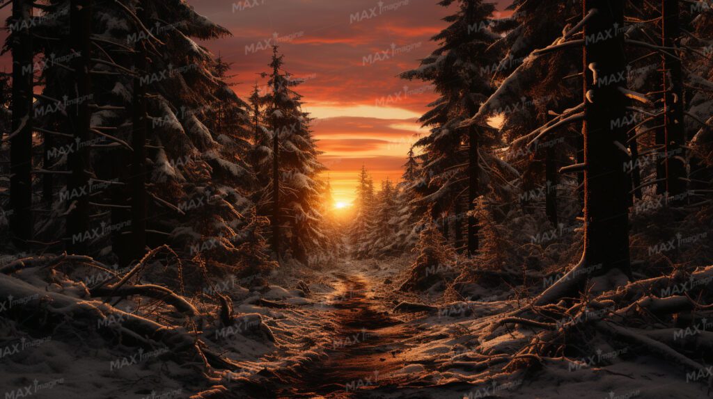 Winter Wonderland: Majestic Red Sunset Over Snowy Evergreen Forest