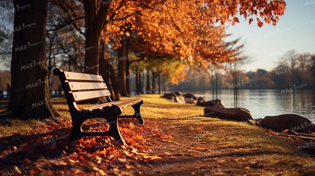 Tranquil Autumn Riverside: Red Maple Trees and Bench