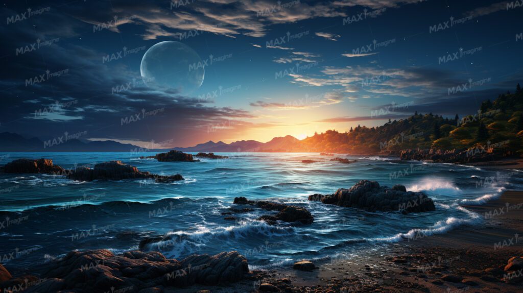 Enchanting Blue Seascape: Tranquil Night Sky with Moon