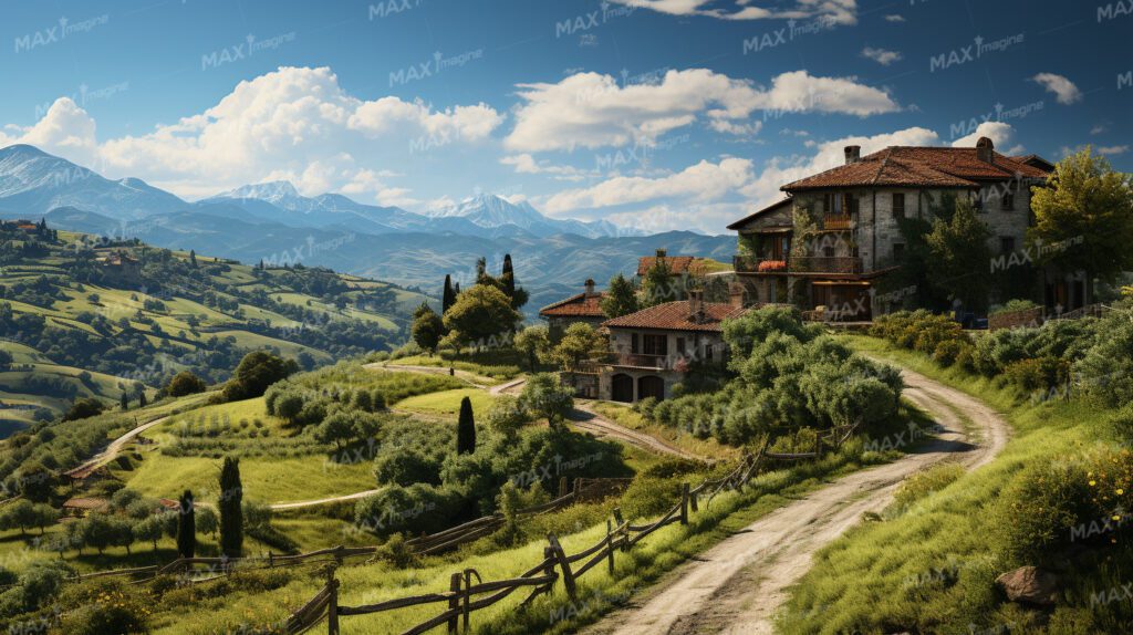 Scenic European Hillside Path: Idyllic Countryside with Charming Cottage Free