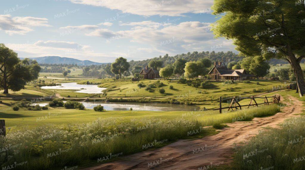 Tranquil Countryside Path: Meadows, Stream, and Charming European Homes