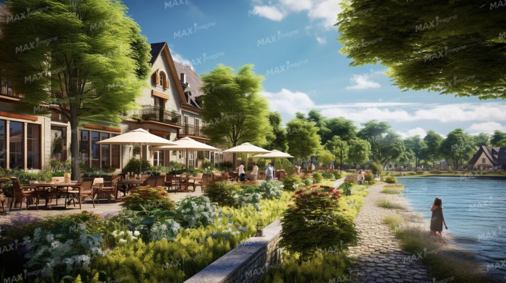 Serene Lakeside Village: Charming Homes, Cafes, and Tranquil Benches