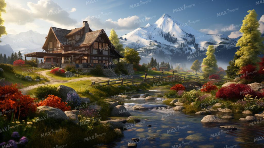 Tranquil Countryside: Clear Stream, Blooming Flowers, and Nordic-style Homes
