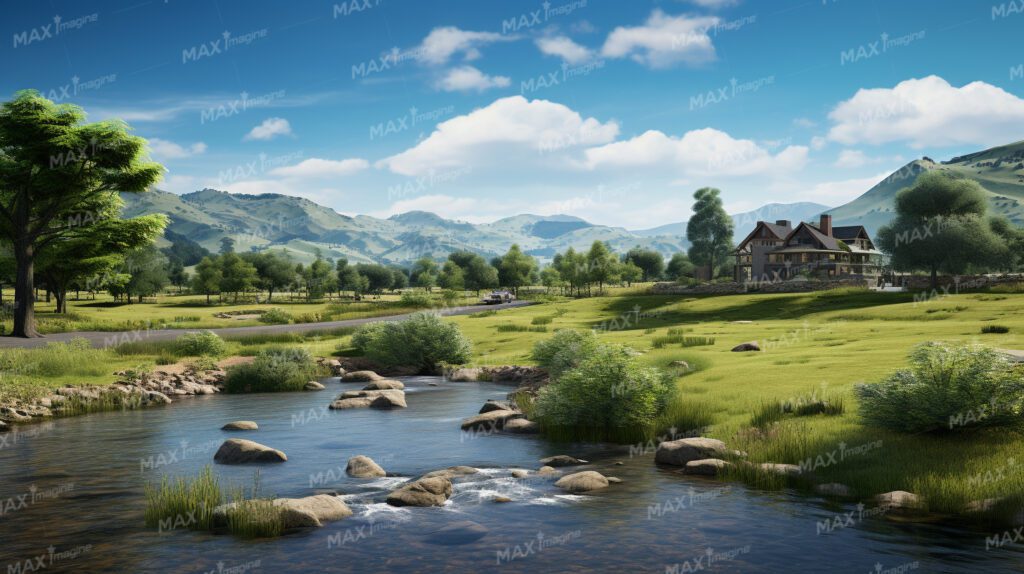 Tranquil Countryside Meadow with Clear Stream
