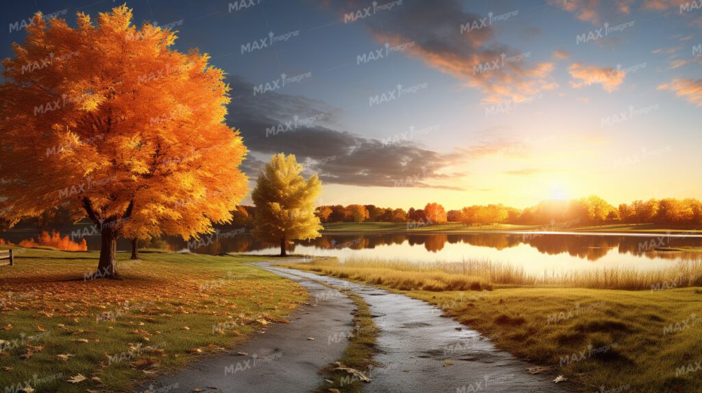 Scenic Countryside Path with Autumn Foliage and Reflective Lake