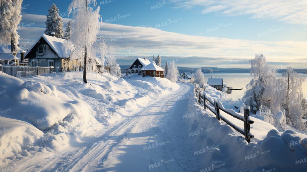 Enchanting Winter Wonderland: Norwegian-Inspired Snowscape with River and Countryside
