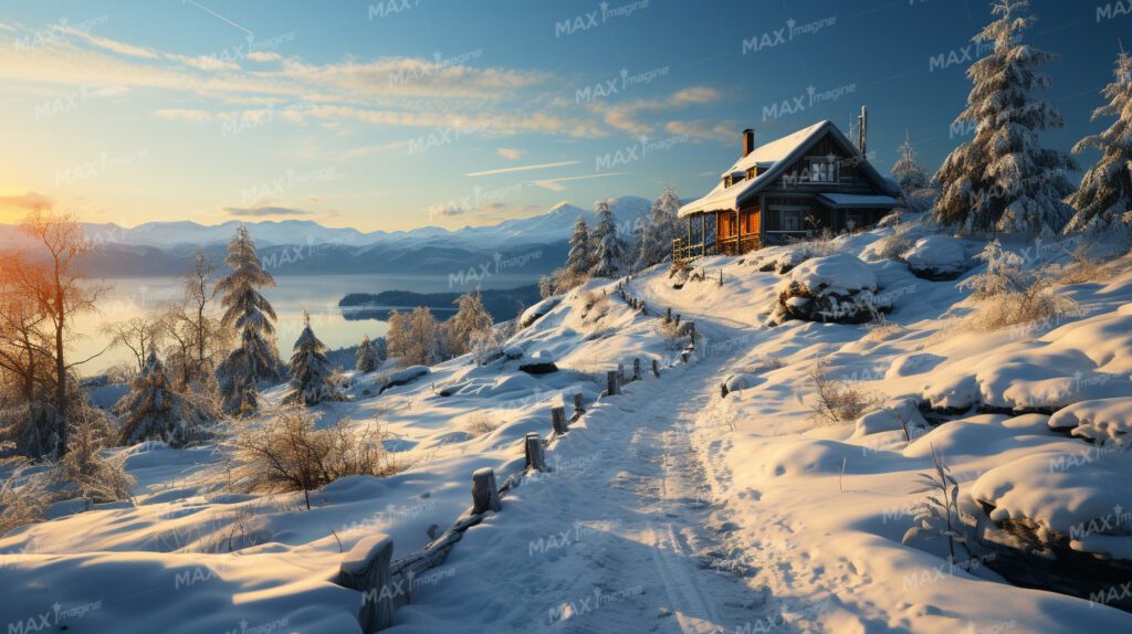Nordic Winter Wonderland: Snow-Covered Countryside with River and Hillside Homes