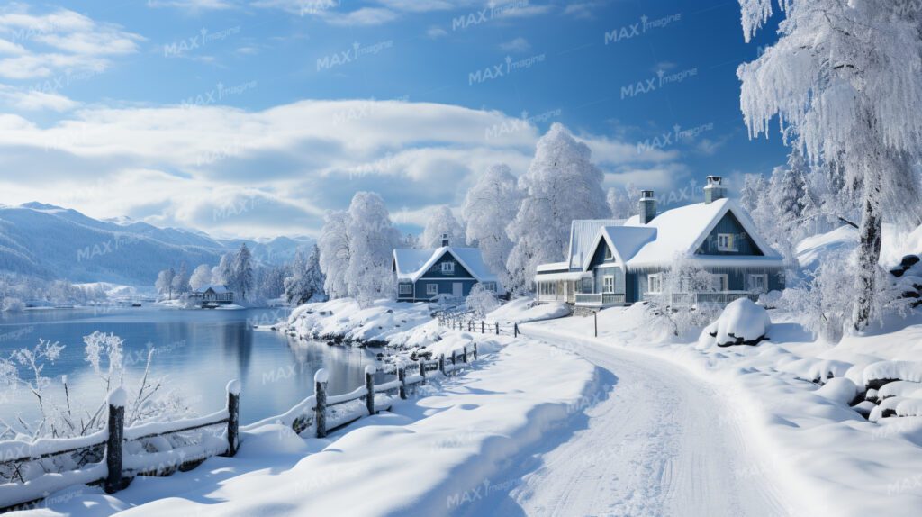 “Enchanting Winter Wonderland: Norwegian-Inspired Snowscape with River and Countryside