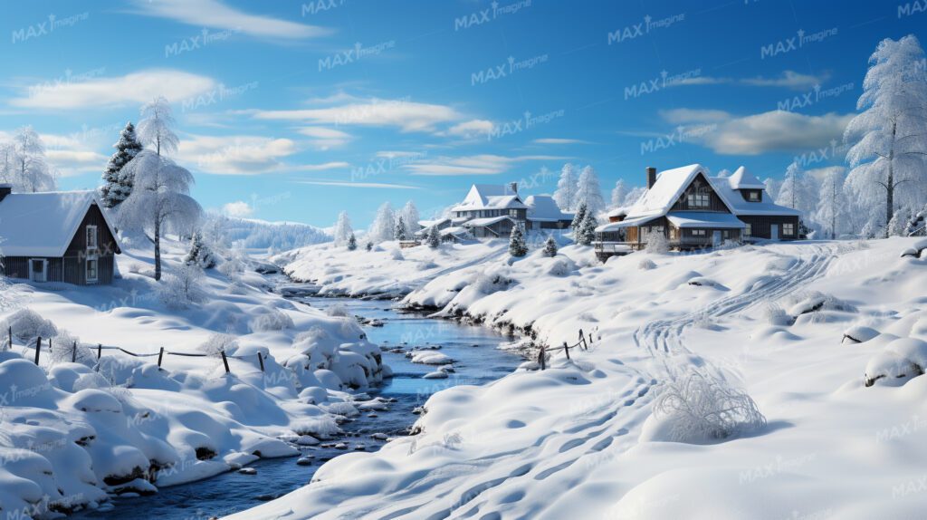 Enchanting Nordic Winter Village: Snowy Countryside with Serene Stream