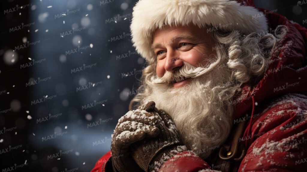 Contemplative Santa Claus in Thoughtful Moment on Snowy Christmas Night